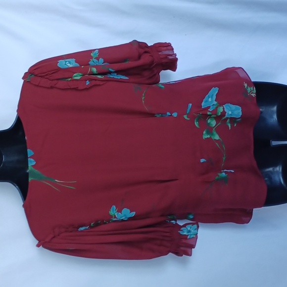 Joie Anevy Floral Print Puff Sleeve Blouse Sz M Short Sleeve Button Top Burgandy - Picture 5 of 8